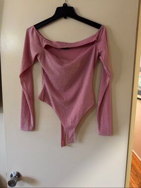 naked wardrobe Pink Shimmer Off-Shoulder Long Sleeve Bodysuit